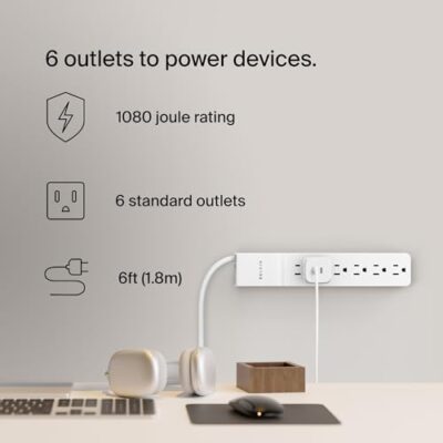 Belkin 6-Outlet Surge Protector Power Strip, 6Ft Cord, 360° Rotating Plug - 1080 Joules Protection - Image 2