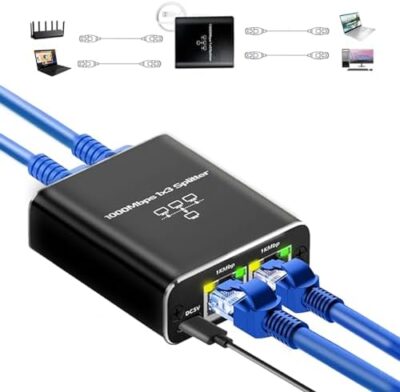 Gigabit Ethernet Splitter 1 To 2 High Speed, 1000Mbps Internet Splitter 1 In 2 Out, Lan Splitter With Usb Power Cable, Rj45 Splitter For Cat5/5E/6/7/8 Cable(2 Devices Simultaneously Networking)