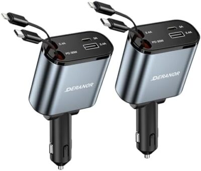 [2 Pack] Retractable Car Charger 4 In 1 Fast Car Phone Charger 69W, Type C Car Charger Adapter With 2X Retractable Phone Charger Cables And 2X Usb Ports For I Phone 16/15/14/13/12, For Samsung S24/S23