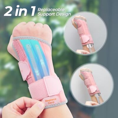 2 In 1 Carpal Tunnel Wrist Brace, 3 Adjustable Stability Wrist Support, Customized Wrist Splint With Replaceable Springs (Left - Pink, S/M) - Image 2