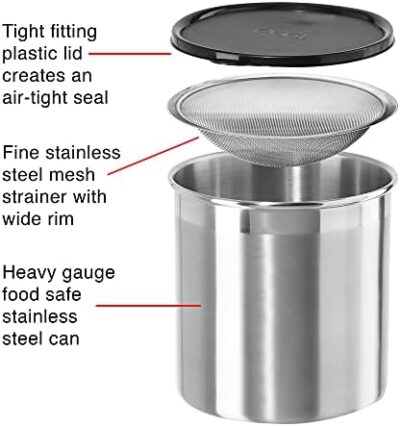 Oggi Stainless Steel Jumbo Grease Container With Removable Strainer And Snug Lid. Perfect Container For Fryer Oil, Bacon Drippings, Lard And Ghee Oil. Large Capacity Can - 1 Gall / 4 Qt / 3.75 Lt - Image 3