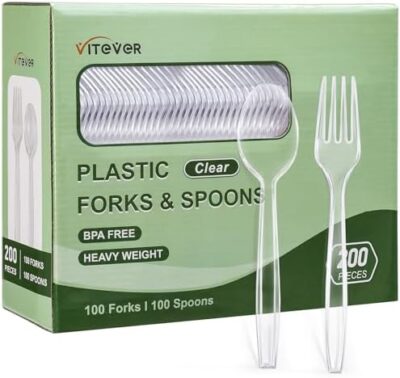 [200 Count] Disposable Plastic Silverware, Heavy Duty Plastic Forks And Spoons Set, Includes 100 Plastic Forks And 100 Plastic Spoons For Party - Clear