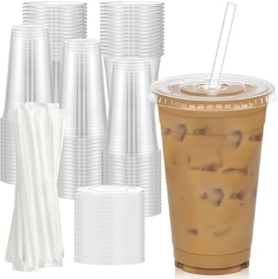 100 Pack - 20 Oz Clear Plastic Cups With Lids And Straws, Sturdy & Food Safe Iced Coffee Cups With Lids, Iced Coffee Cup, Disposable Cups Plastic Coffee Cups Smoothie Cups For Cold Drinks