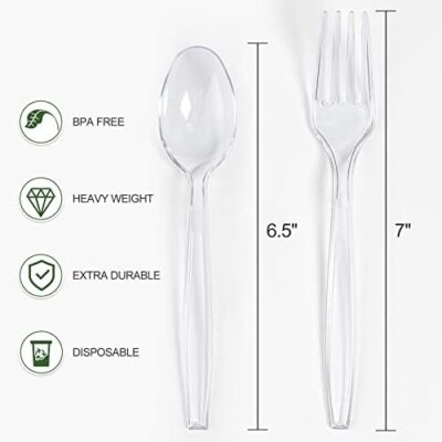 [200 Count] Disposable Plastic Silverware, Heavy Duty Plastic Forks And Spoons Set, Includes 100 Plastic Forks And 100 Plastic Spoons For Party - Clear - Image 2