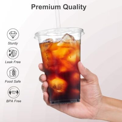 100 Pack - 20 Oz Clear Plastic Cups With Lids And Straws, Sturdy & Food Safe Iced Coffee Cups With Lids, Iced Coffee Cup, Disposable Cups Plastic Coffee Cups Smoothie Cups For Cold Drinks - Image 3