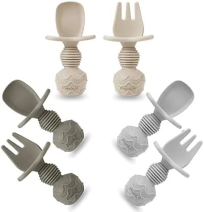 Pandaear 6 Pack Silicone Baby Spoons And Fork Feeding Set- Anti-Choke First Self Feeding Utensils For Baby Led Weaning Ages 3 Months (Tan,Walnut&Grey)