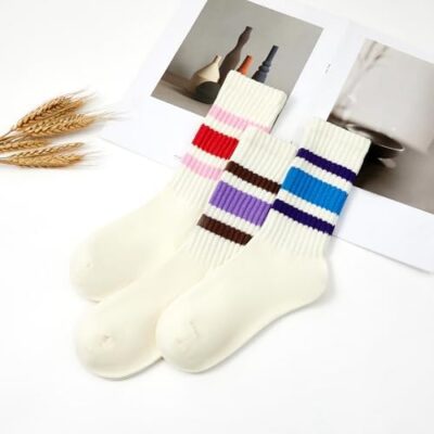 American Trends Womens Striped Socks Retro Crew Socks Women Slouchy Athletic Calf Tube Socks - Image 2