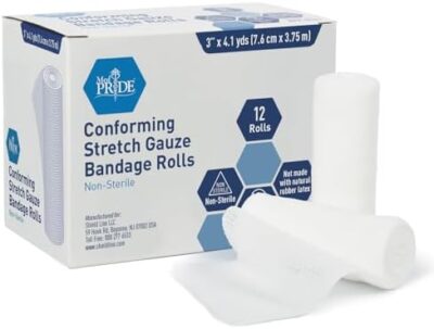 Med Pride Conforming Gauze Rolls First Aid Rolled Stretch Bandages For Wounds & Injuries ? Disposable Nonsterile Body Wrap Dressing For The Knee, Ankle, Hands, Wrist, White (3''X 4.1 Yd)