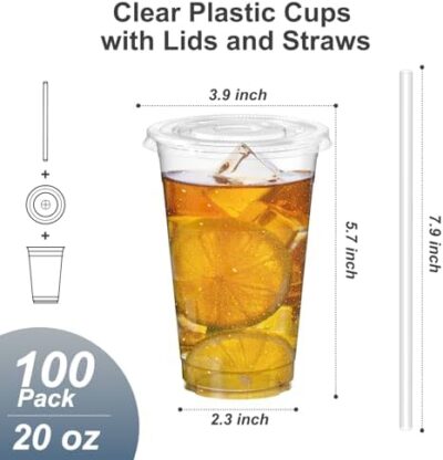 100 Pack - 20 Oz Clear Plastic Cups With Lids And Straws, Sturdy & Food Safe Iced Coffee Cups With Lids, Iced Coffee Cup, Disposable Cups Plastic Coffee Cups Smoothie Cups For Cold Drinks - Image 2