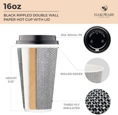 [85 Set]Harvest Pack 16 Oz Disposable Coffee Cups, Insulated Ripple Double-Walled Paper Cup With Lid, Brown Geometric, Tea Hot Chocolate Drinks To Go Coffee Cups - Image 2