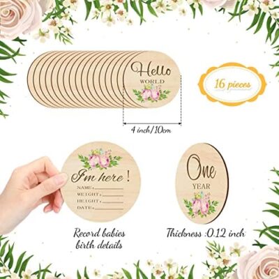 16 Pieces Wooden Baby Monthly Milestone Cards Baby Monthly Milestone Marker Discs Double Sided Monthly Milestone Wooden Circles Baby Months Signs For Baby Shower Newborn Photo Props(Flower) - Image 2