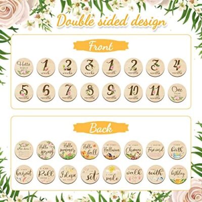 16 Pieces Wooden Baby Monthly Milestone Cards Baby Monthly Milestone Marker Discs Double Sided Monthly Milestone Wooden Circles Baby Months Signs For Baby Shower Newborn Photo Props(Flower) - Image 3