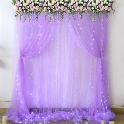 10Ft X 10Ft Lavender Tulle Photo Backdrop Curtain With Lights String For Parties Wedding Bridal Shower Sheer Lavender Curtain Backdrop For Birthday Baby Shower Photo Booth Photography - Image 2