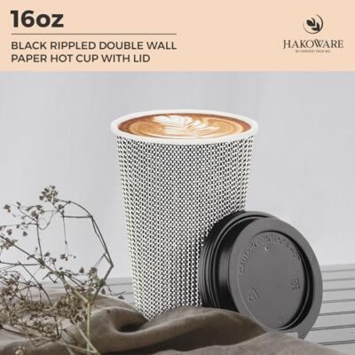 [85 Set]Harvest Pack 16 Oz Disposable Coffee Cups, Insulated Ripple Double-Walled Paper Cup With Lid, Brown Geometric, Tea Hot Chocolate Drinks To Go Coffee Cups - Image 3