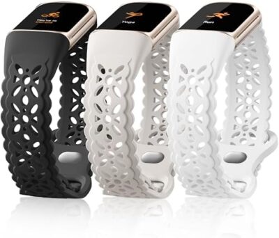 Maledan Floral Lace Band Compatible For Fitbit Charge 6 Bands And Fitbit Charge 5 Bands Women, Cute Soft Lilac Flower Pattern Hollow-Out Sport Watch Strap For Fitbit Charge 5/ Charge 6 Fitness Tracker