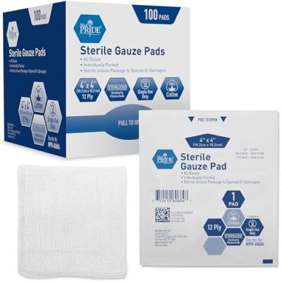 Med Pride 3" X 3" Sterile Gauze Pads For Wound Dressing|100-Pack, Individually Packed Pouches|12-Ply Cotton & Highly Absorbent|Gauze Sponge-Pads For Wound Care & Home First Aid Kits