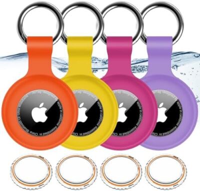 4 Pack,Ipx8 Waterproof Airtag Holder For Apple Air Tags With Air Tag Keychain,Shockproof Gps Cover [Anti-Scratch] [Pc+Silicone] Air-Tag Item Finders Case For Pets,Kids,Luggages-Black/Blue/Green/Red