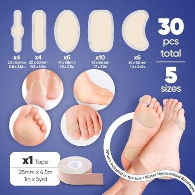 (30 Ct) Blister Bandages For Feet, Runners, Heels & Active Movement - Water Resistant Hydrocolloid Blisters, Adhesive Blisters Pads, Blister Prevention For Fingers, Toes, Forefoot - Image 2