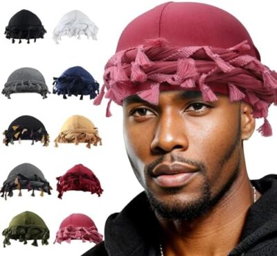 Babalet Halo Turban For Men Women Satin Lined Durag Head Wraps Skull Cap Pre-Tied Tassels Braid Beanie Vintage Twist Bonnet