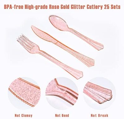 175Pcs Pink Rose Gold Plates Napkins Party Supplies, Severs 25 Disposable Party Pink Plates, Plastic Forks Knives Spoons, Golden Dot Paper Plates, Napkins Cups For Baby Shower Decorations Pink Party - Image 3