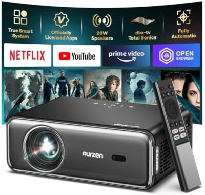 Eazze D1 Pro Smart Projector With Wifi And Bluetooth, Netflix Official, 20W Speakers, Dolby Audio & Dbx-Tv Total Sonics, Auto Focus & Keystone, Native 1080P Portable Outdoor Movie Projector