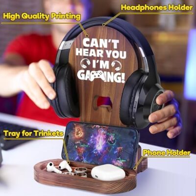 Slothoem-Gamer Gifts For Teenage Boy, Gamer Room Decor For Man, Best Gifts For Son, Boyfriend, Husband, Gamer Room Accessories Stuff, Wooden Gaming Headset Stand - Can'T Hear You I'M Gaming - Image 3