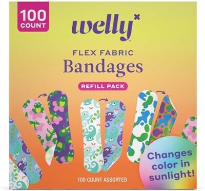 Welly Bandage Color Change Refill Pack | Adhesive Flexible Fabric Bandages | Assorted Shapes And Patterns For Minor Cuts, Scrapes, And Wounds - 100 Count